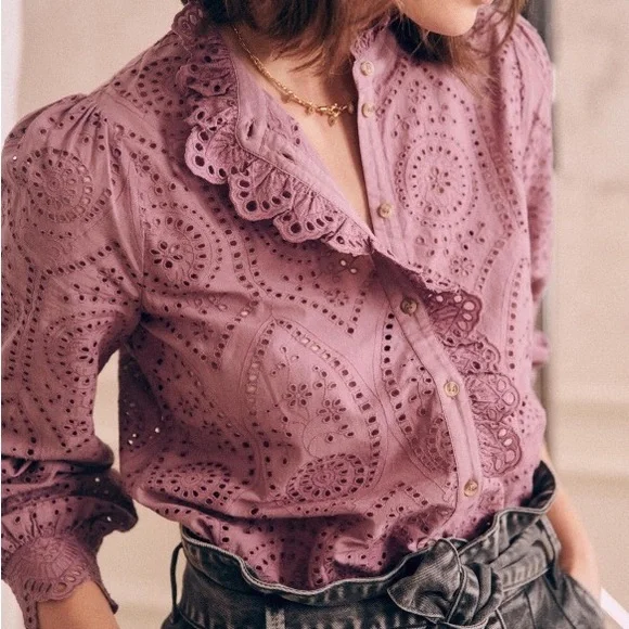 Sezane | Tops | Sezane Purple Wisteria Eyelet Ruffle Button Down